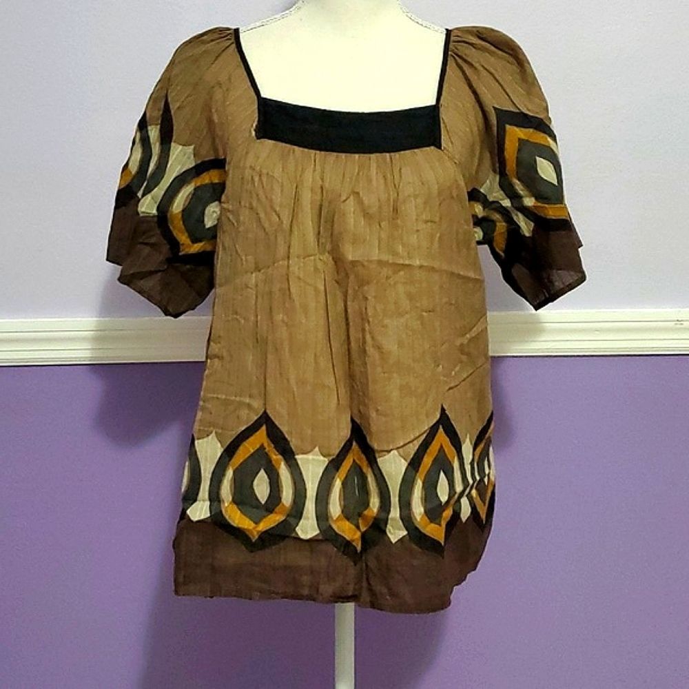 Mossimo Brown Neutrals Boho Print Gauzy Flowy Top L